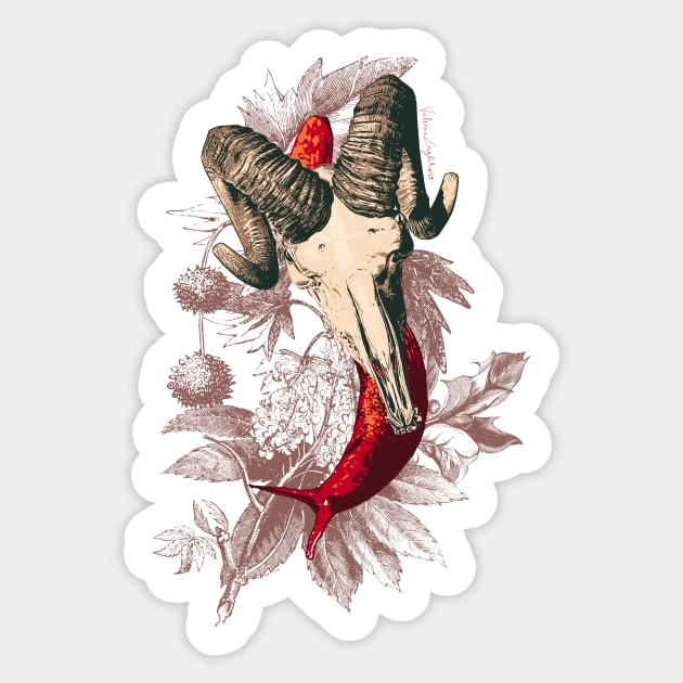 Enigmatic Escargots: Spooky Art Print Featuring Red Snail Donning Ram Skull Shell Sticker by venglehart